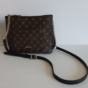 Nine West Kensington Crossbody Bag Brown & Black Vegan Leather Gold Hardware